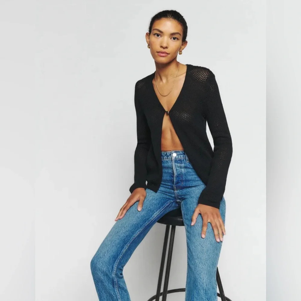 Reformation Wednesday Open Knit Cardigan Black Sweater Long Sleeve 100% Cotton